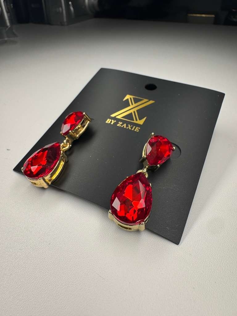 Z by Zaxie Red Crystal Teardrop Dangle Earrings Gold Tone