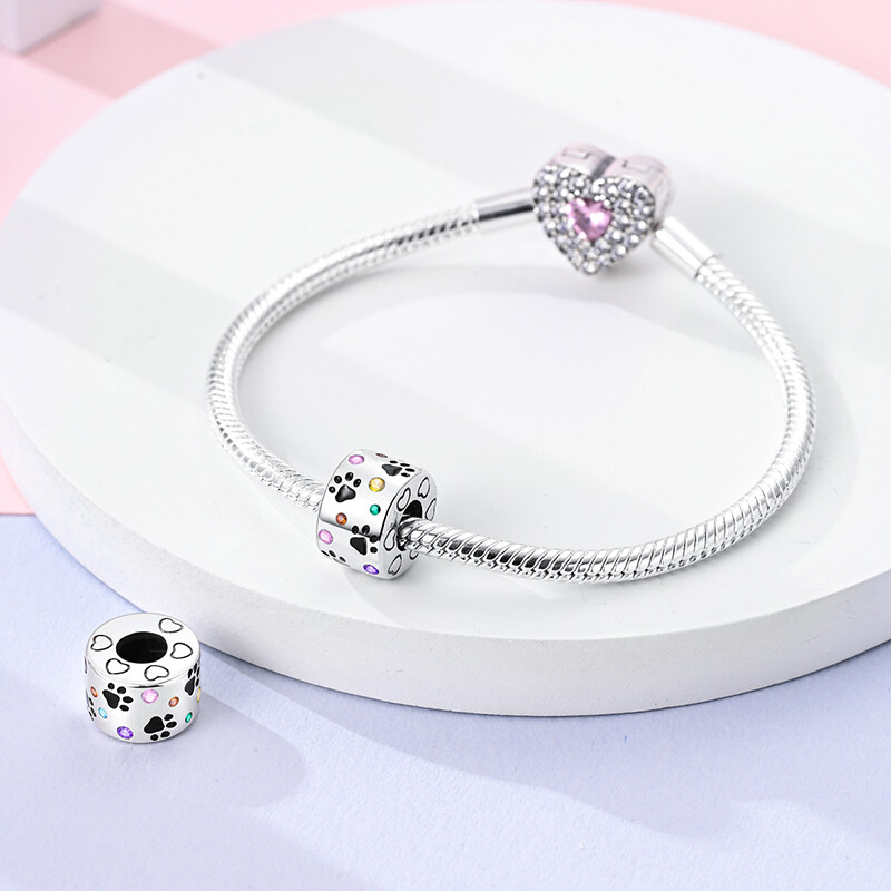 MULA European Silver Plated Charm CZ Enamel Bubble Paw Print For Women Bracelet