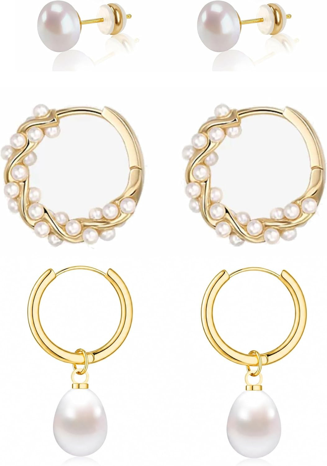 Pearl Earrings Set for Women 14K Gold Pearl Stud Hoop and Drop Huggie Earrings H