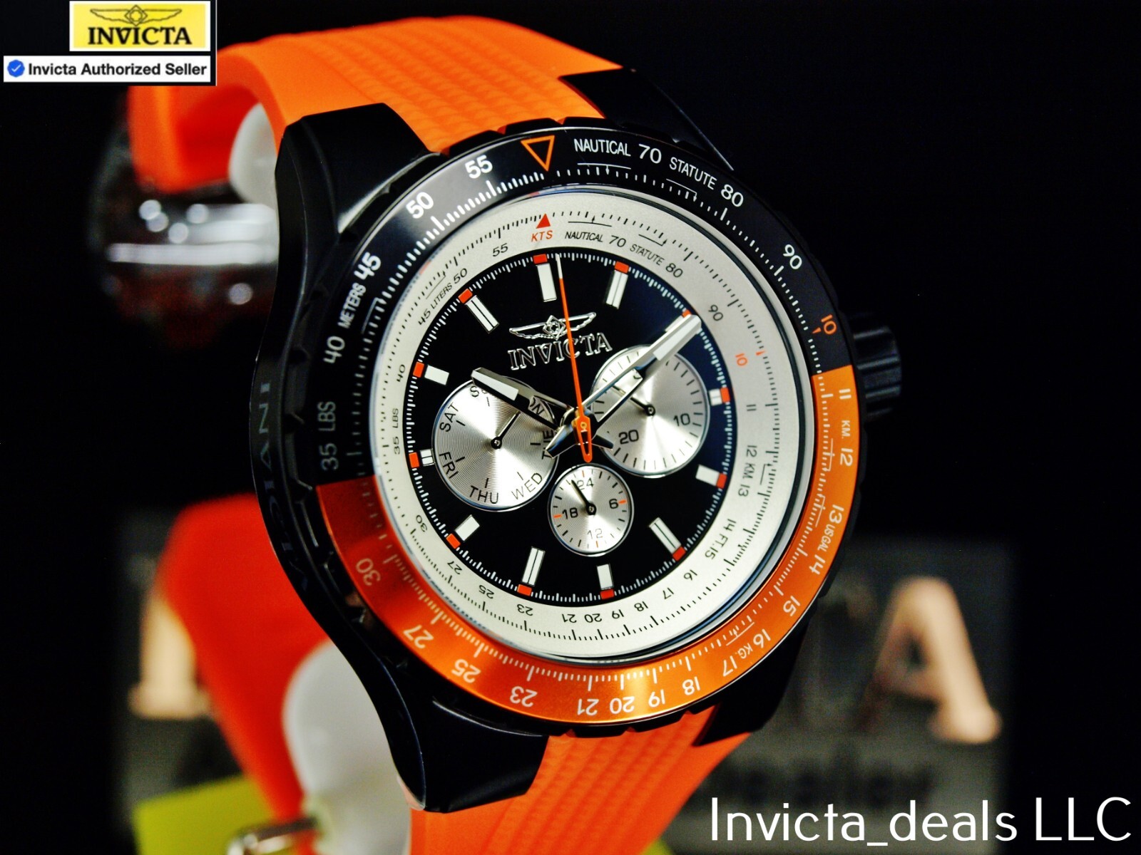 Invicta Men’s 50mm AVIATOR NAUTICAL Series Quartz BLACK DIAL Orange Tone SS Watc