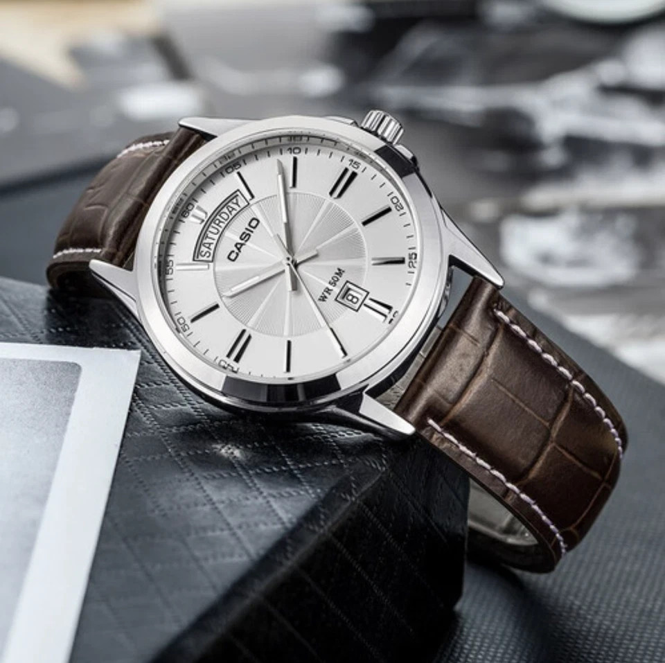 Casio MTP-1381L-7A Analog Leather Strap Quartz Men Watch Dress Classic Silver