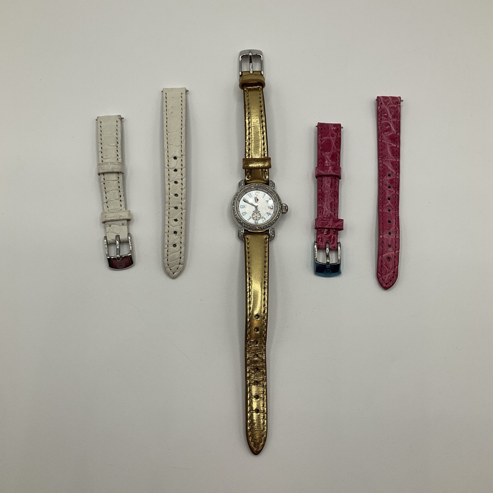 Michele CSX Diamond Bezel Wrist Watch 71-2600 With 3 Extra Bands Gold Pink White