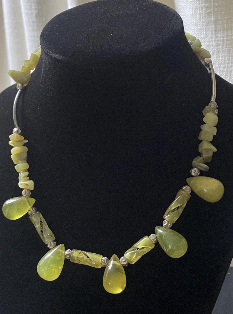Vintage Chartreuse Resin & Stone Necklace — 1960s Modernist Organic Form