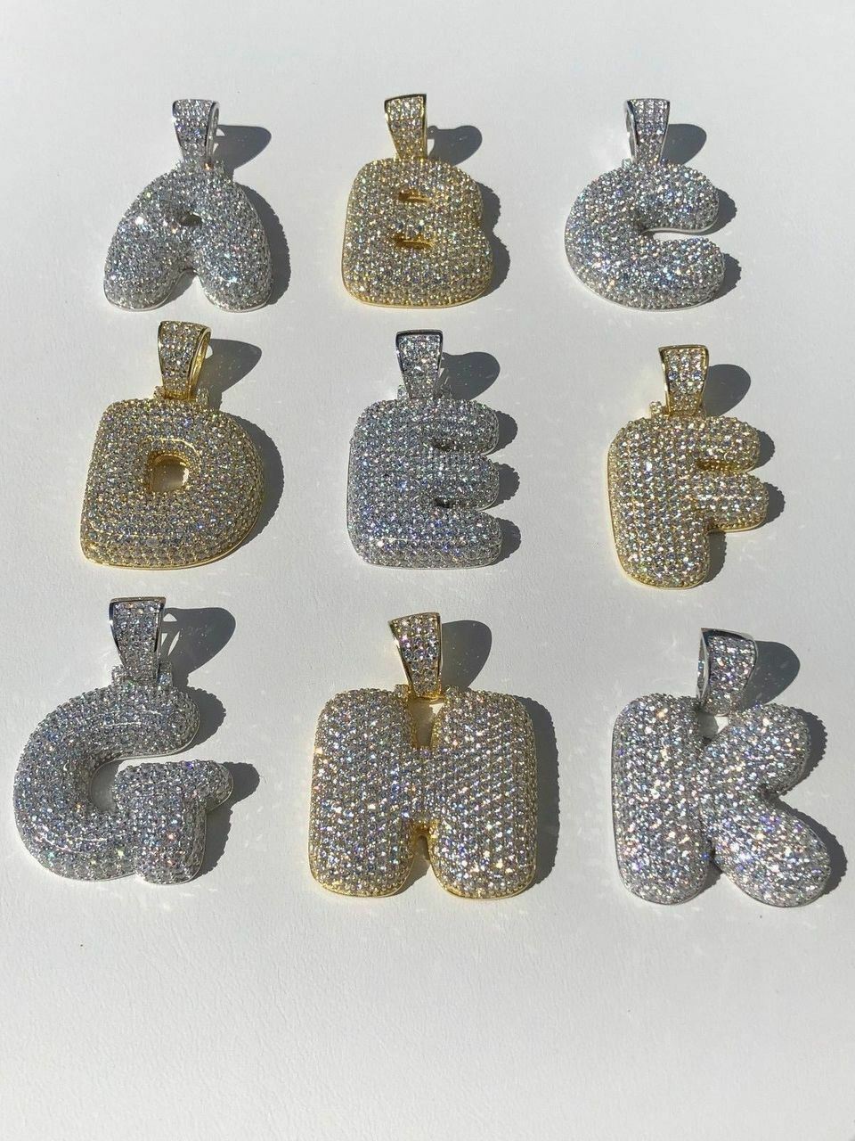925 Silver Custom Bubble Letters Initial Pendant CZ FULLY ICED A B C D E F G – Z