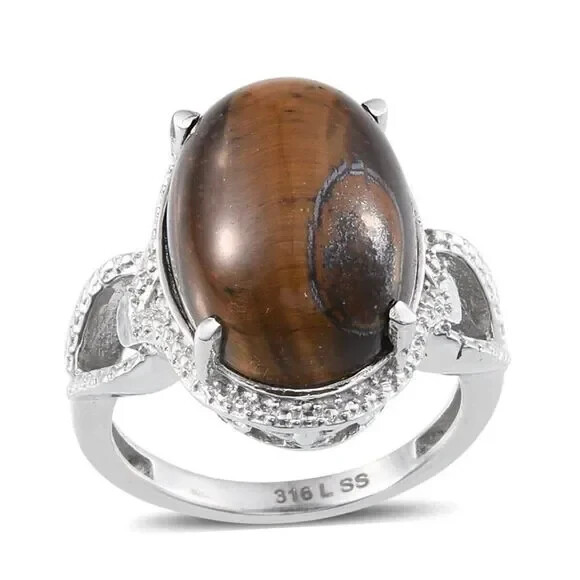 South African Tigers Eye (Ovl) Ring in Stainless Steel (Size 9.0) Ring Box