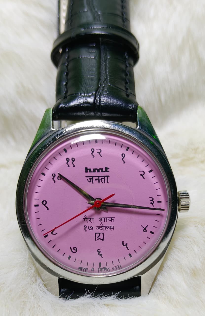 Vintage Janata Hand Winding Pink Devnagri Dial Stainless Steel Case Watch
