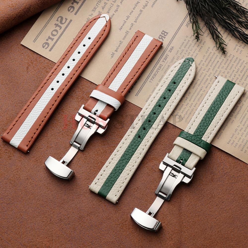 Genuine Calfskin Leather Watch Strap 20mm 22mm For Omega Seiko Butterfly Buckle
