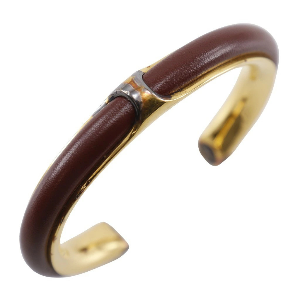 HERMES Bangle GPlated x Leather Brown Approx. 36.3g Ladies Authentic From Japan