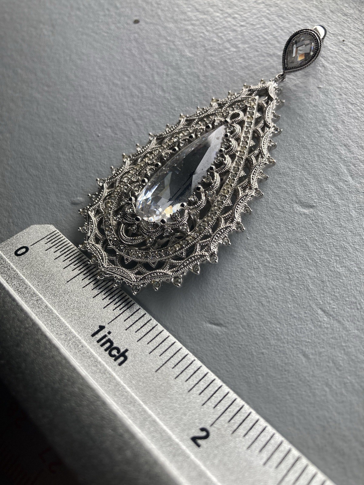 Big, Ornate Wedding Cocktail Party Teardrop Silver Pendant. Gem. Clip Bale.
