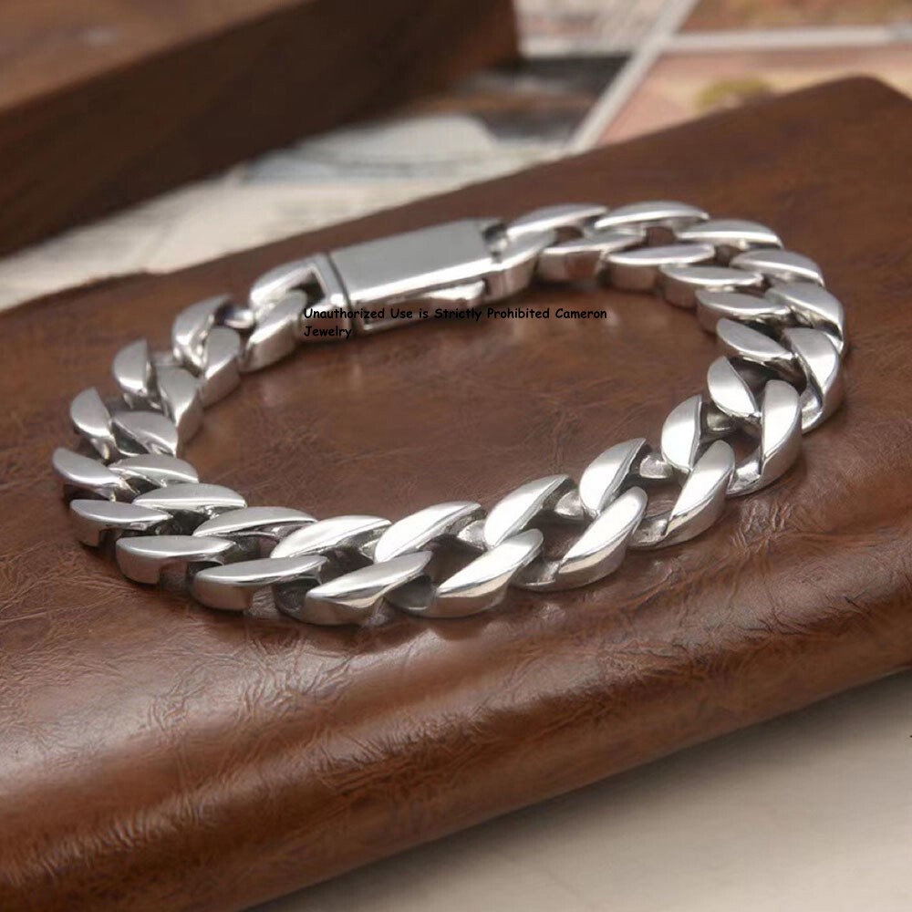 Pure S925 Sterling Silver Chain 13mm Cuban Curb Link Bracelet 7.1-8.7inch