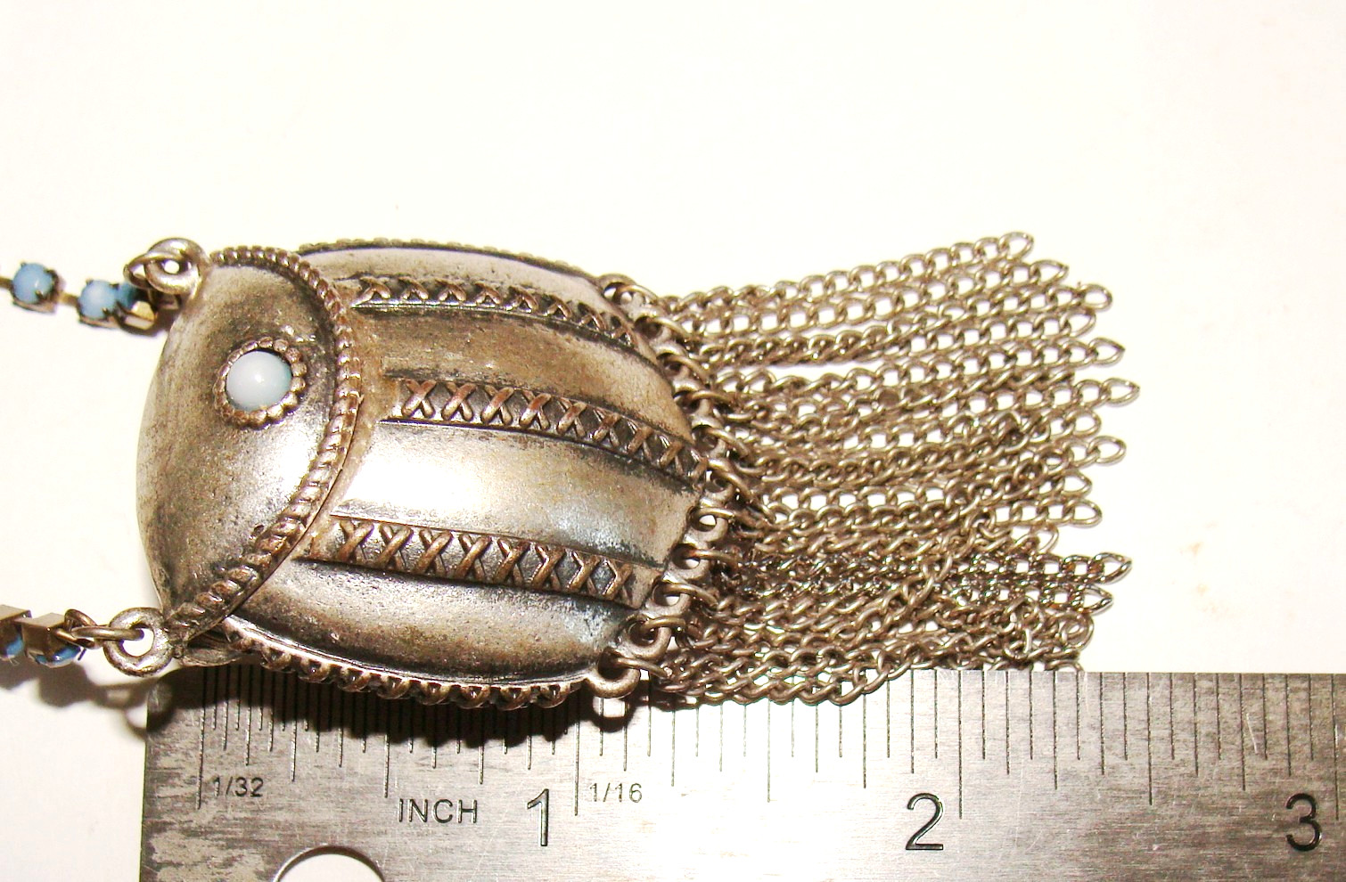 VTG Ethnic Silvertone Blue Bead Compartment Pill Poison Purse Like Necklace 31″