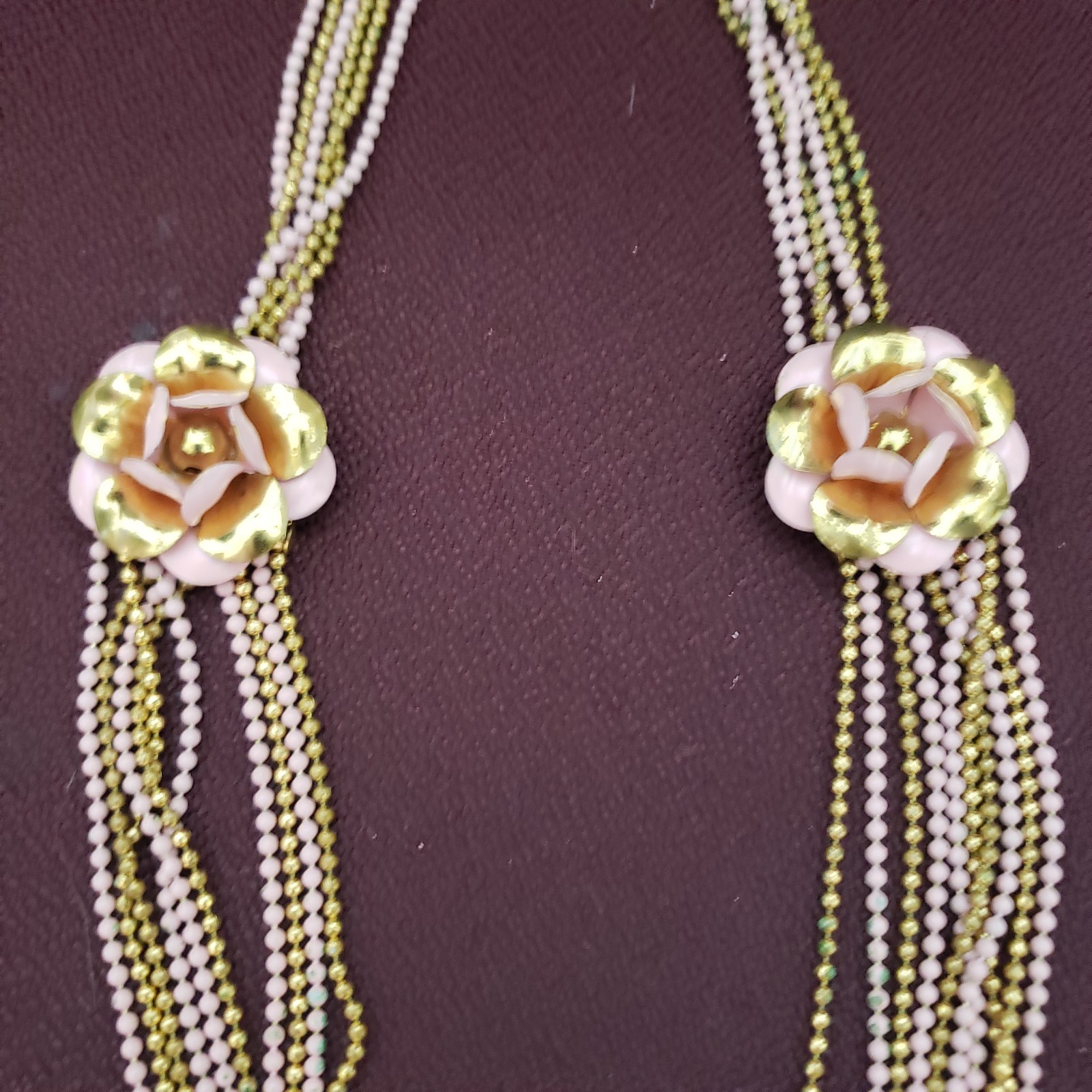 Art Deco Brass Ball Chain Pink Flower Multi Strand Draped Necklace 1930’s 1940s