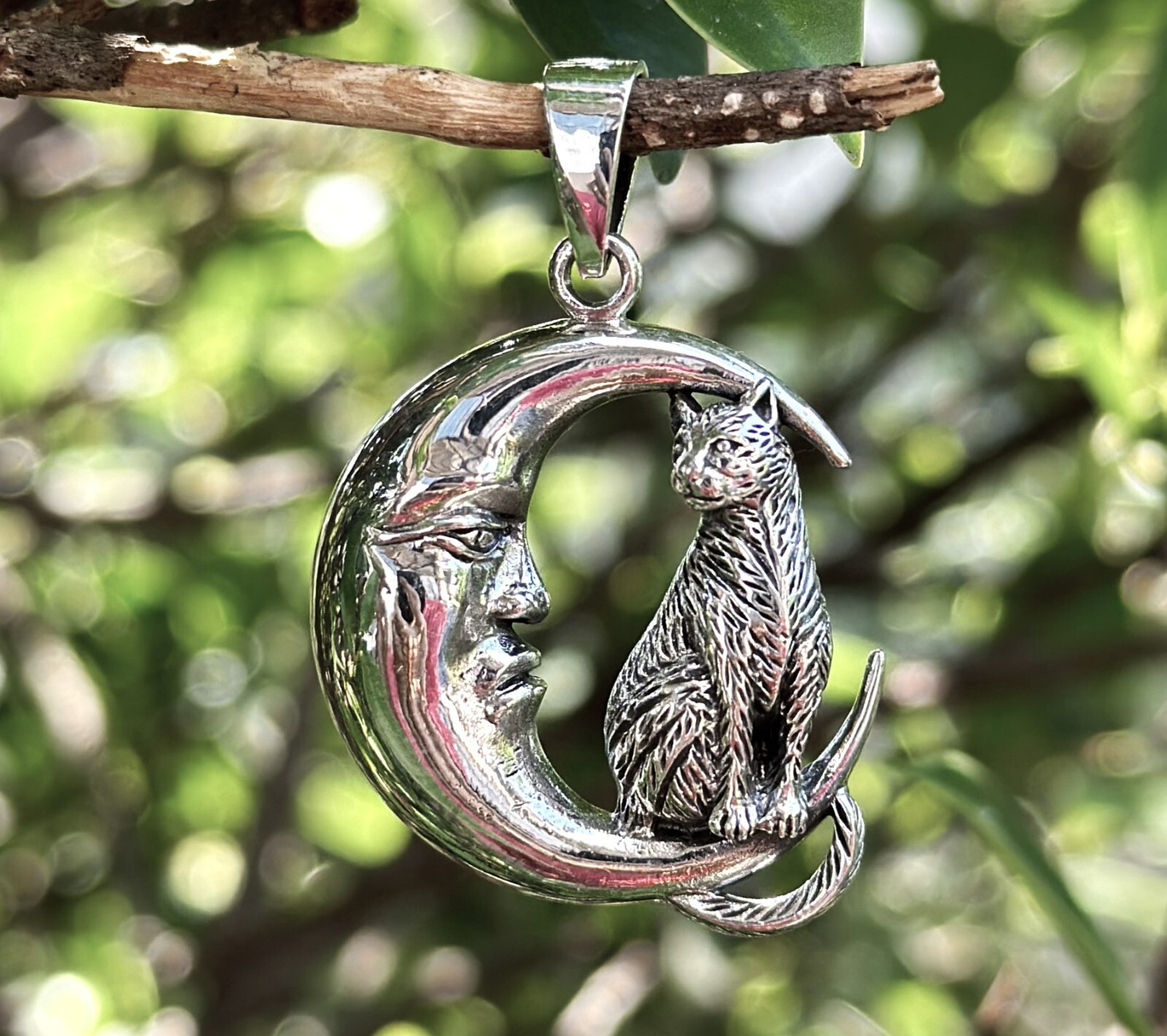 Cat & Crescent Moon Pendant STERLING SILVER 925 Magic Cat Magical Creature Witch