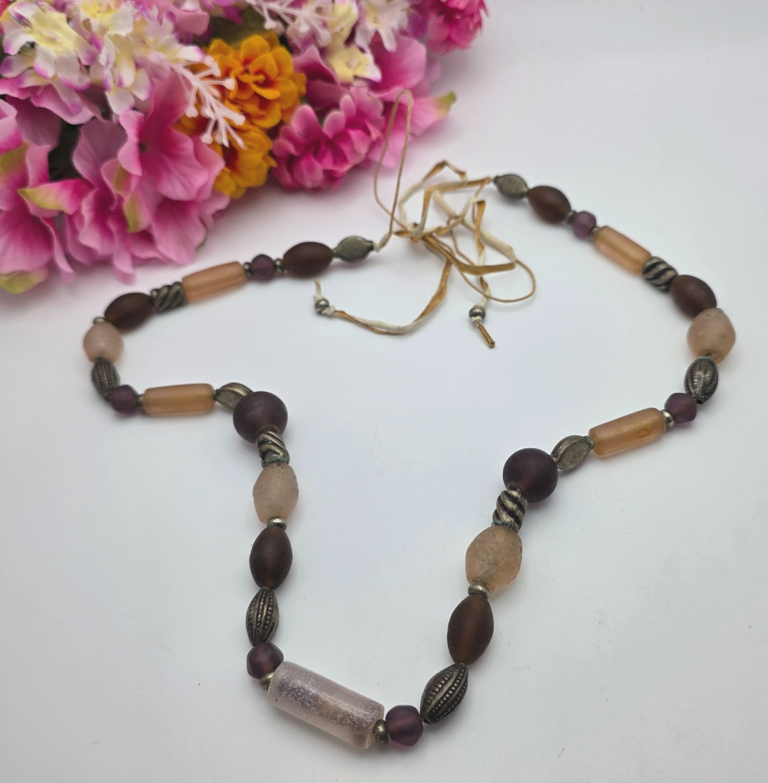 Vintage Boho Mixed Media Beaded Necklace Frosted Glass Tribal Artisan 32in