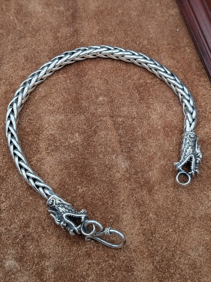 Sterling Silver Braided Chain Dragon’s Head End Tabs 8″ Bracelet ~ 28.5g