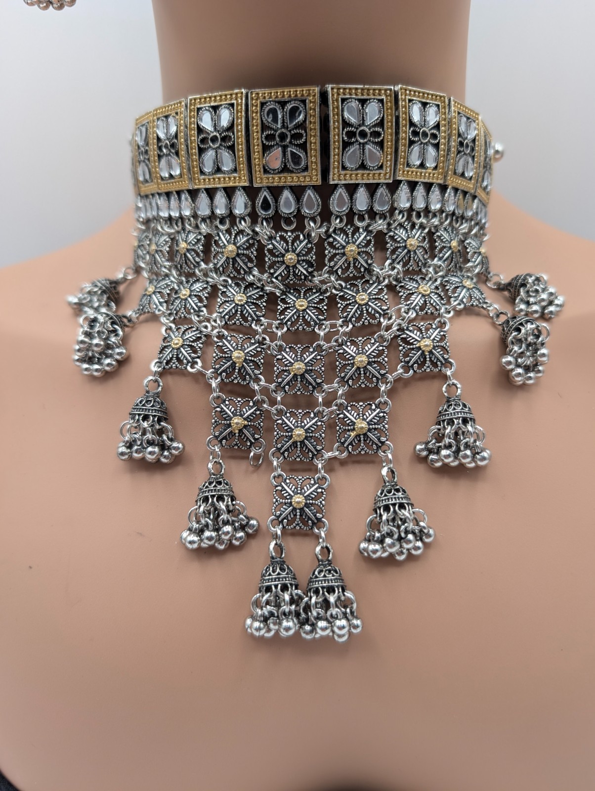 See Noor Dual Tone Fusion Style Necklace Set with Jhumka Bells