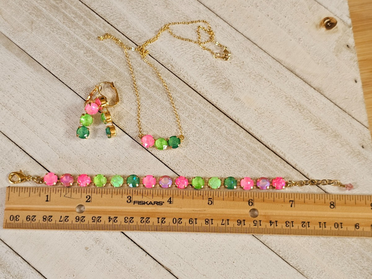 B1-22 Watermelon Mojito Pink Lime Crystal Earrings Cup chain 3pc Jewelry Set