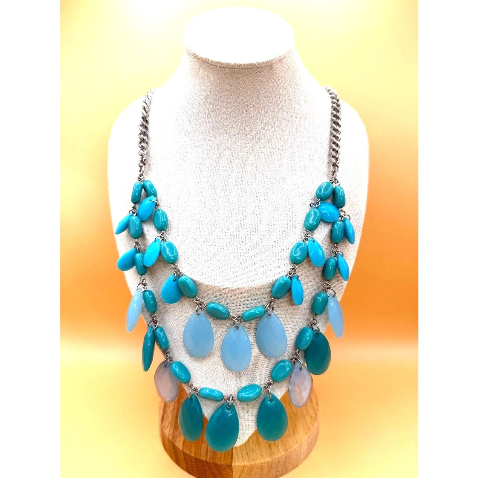 90s turquoise Teal Layered Statement Bib Necklace Silver Tone Boho 26.9′