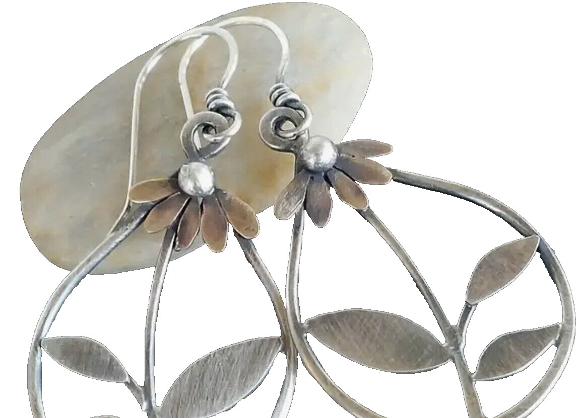 Flower Leaf Earrings Dangle Pierced Water Drop Artsy Zinc Alloy Silver Plated