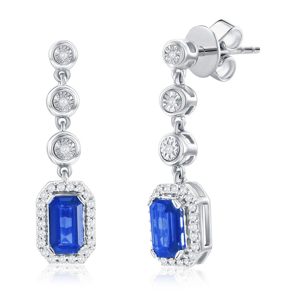 Sterling Silver Lab-Grown 0.86ct Sapphire & 0.09ct Earrings Rhodium Plated