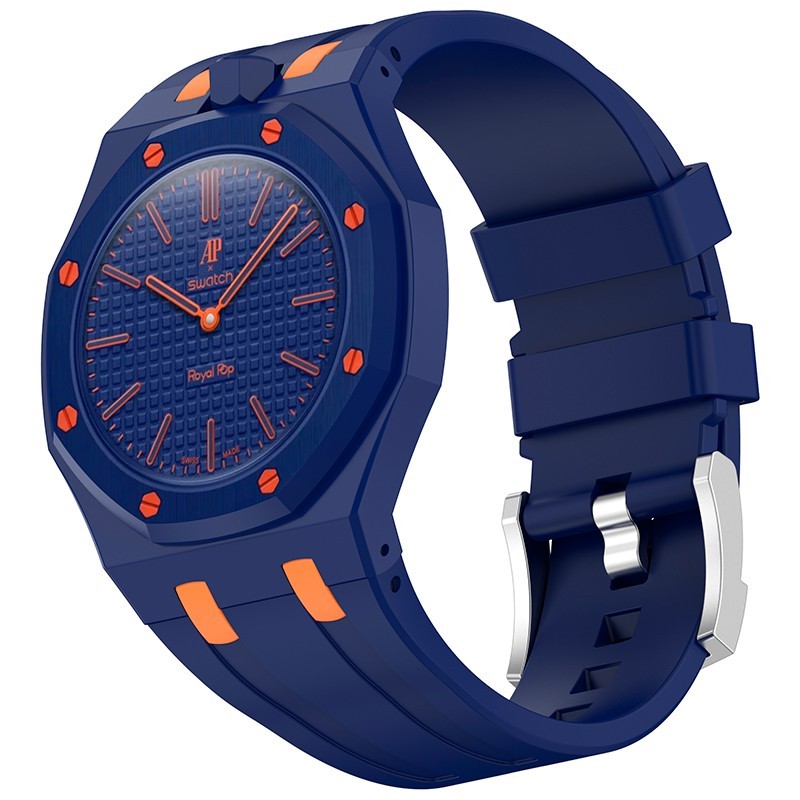 Dark Blue Orange Silicone Strap For Swatch x AP Royal POP, Changer To Wristwatch