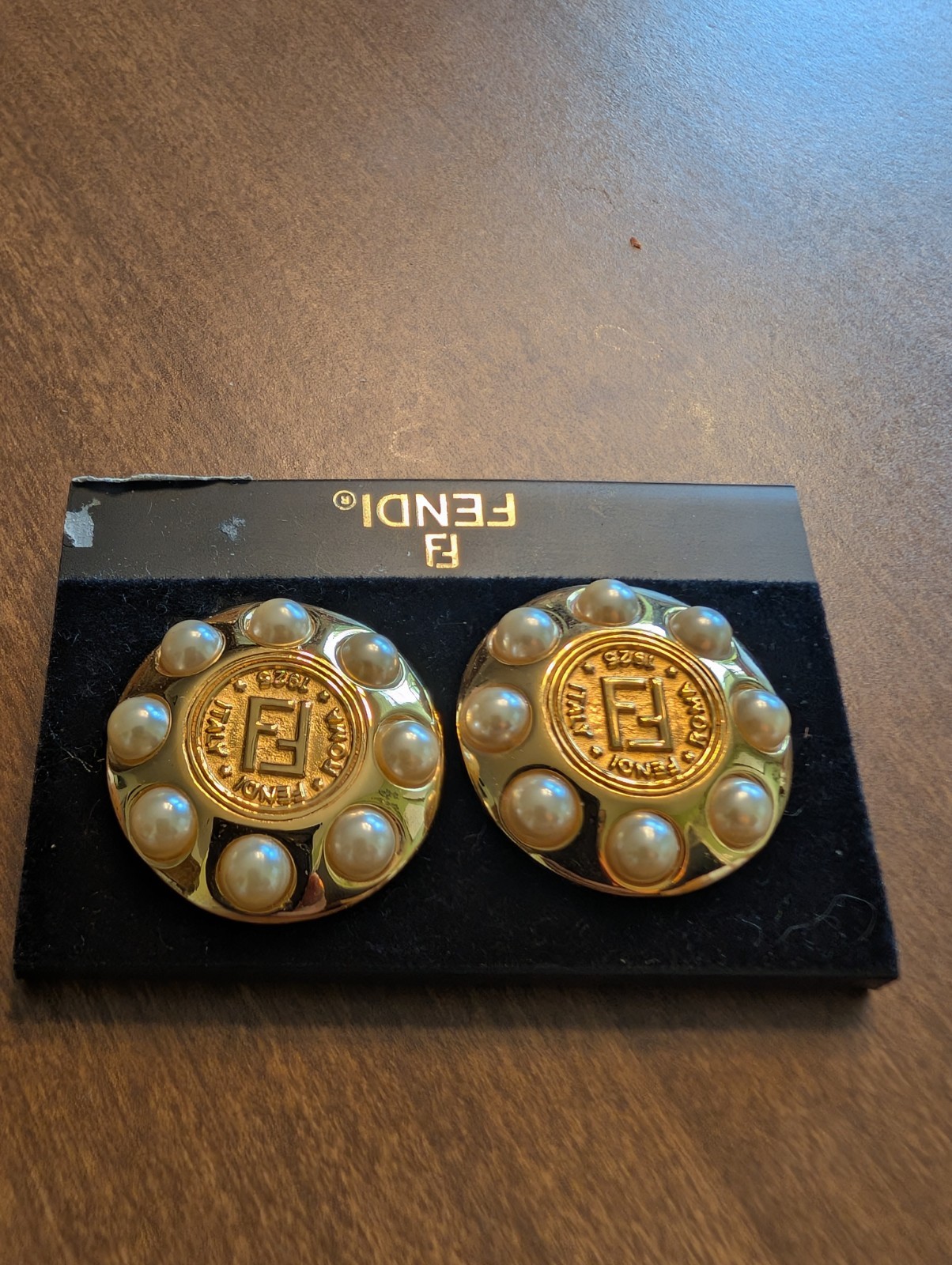 Fendi Signed Logo Clip-On Earrings Gold Tone Round White Imitation Pearl