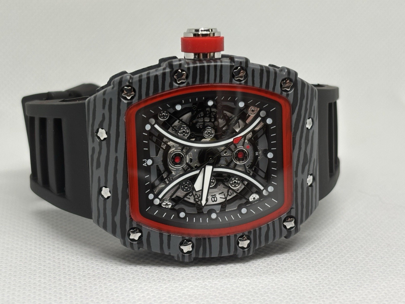 MENS Luxury Skeleton Quartz Watch Gray Carbon Style Red Bezel Box & Papers