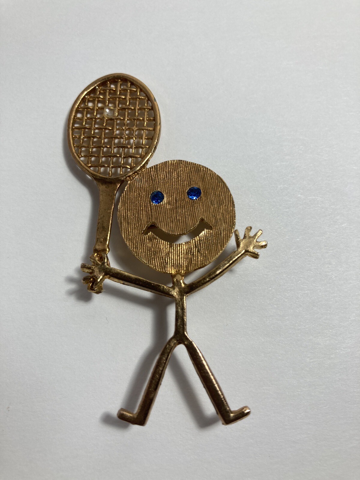 Tennis Racket Player Pin Brooch Anthropomorphic Blue Rhinestone Eyes