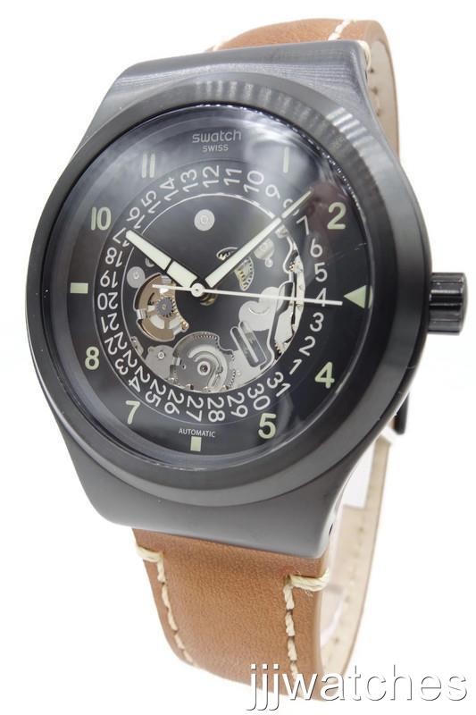 New Swiss Swatch SISTEM THOUGHT Brown Leather Automatic Watch 42mm YIB402 $270