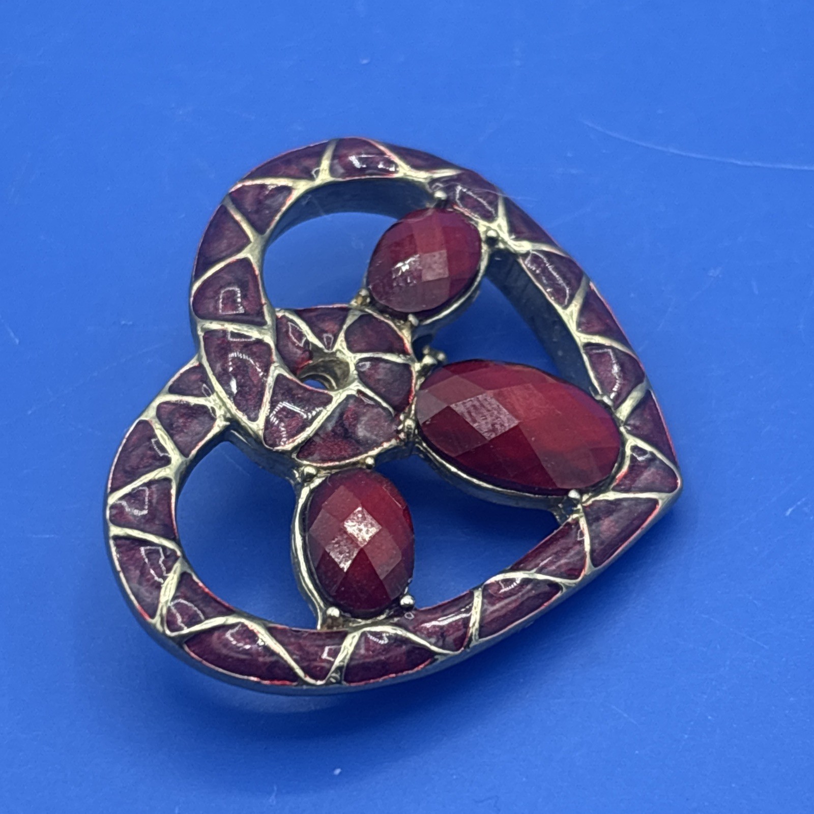 Vintage Red Enamel Heart Pin Pendant Faceted Stones Gold Tone 1.5” Double Use