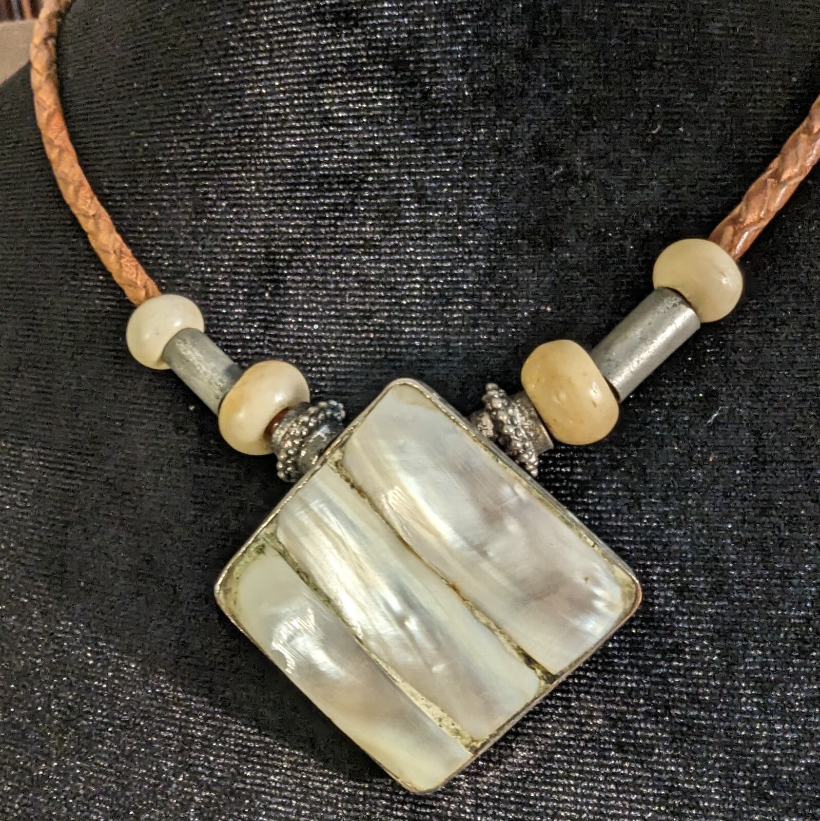 Artisan Braided Leather Cord Bone Beads Large Mother of Pearl Medallion Choker