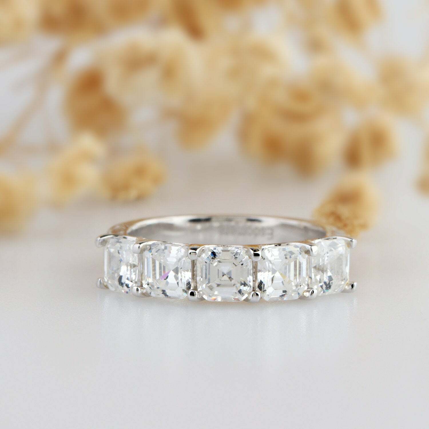 3.75 CT White Asscher Cut CZ Five Stone Engagement Ring In 14K White Gold