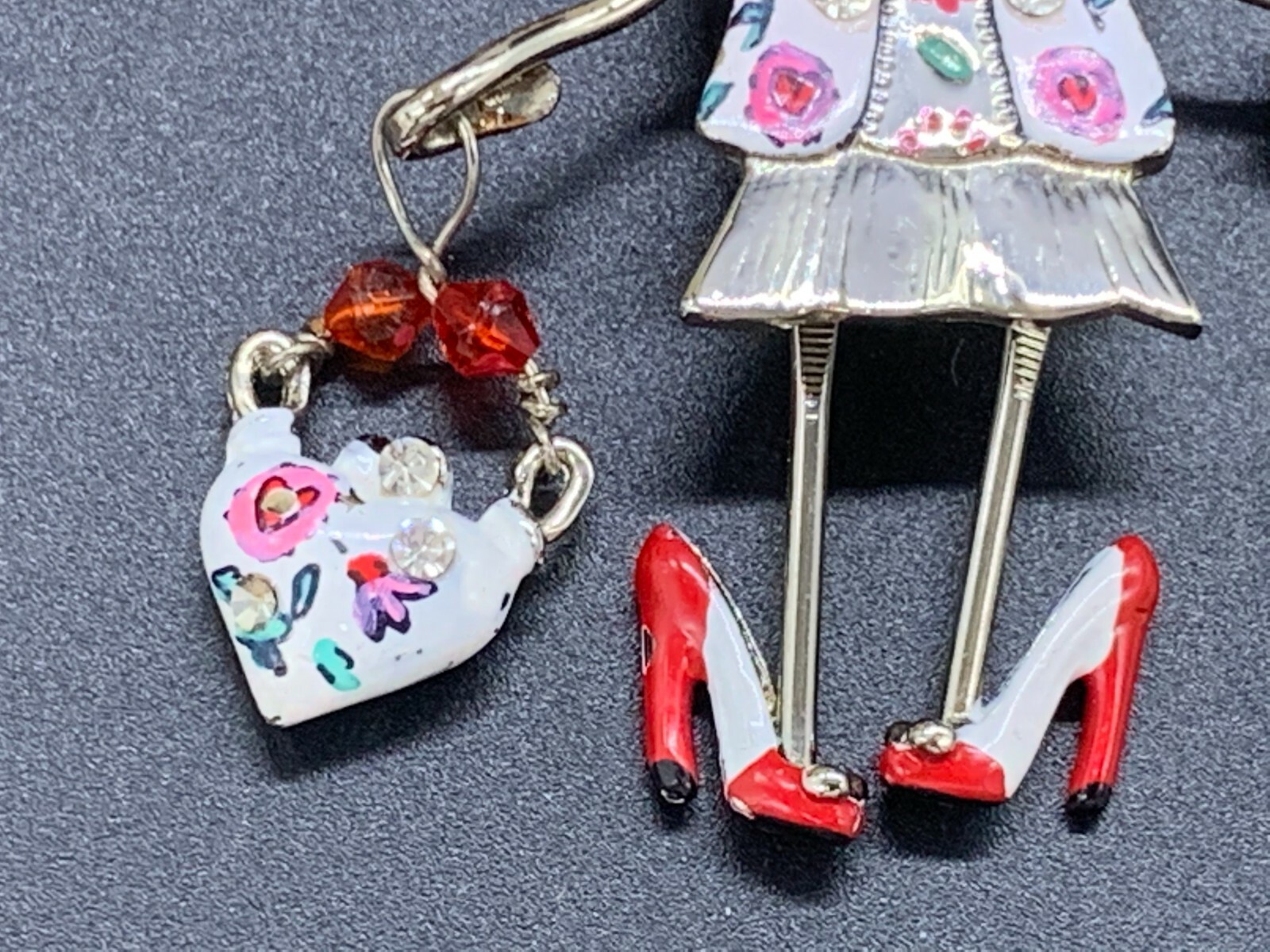 MODERNIST ARTS CRAFTS PORCELAIN METAL SPRING BEAD GIRL PURSE UMBRELLA BROOCH