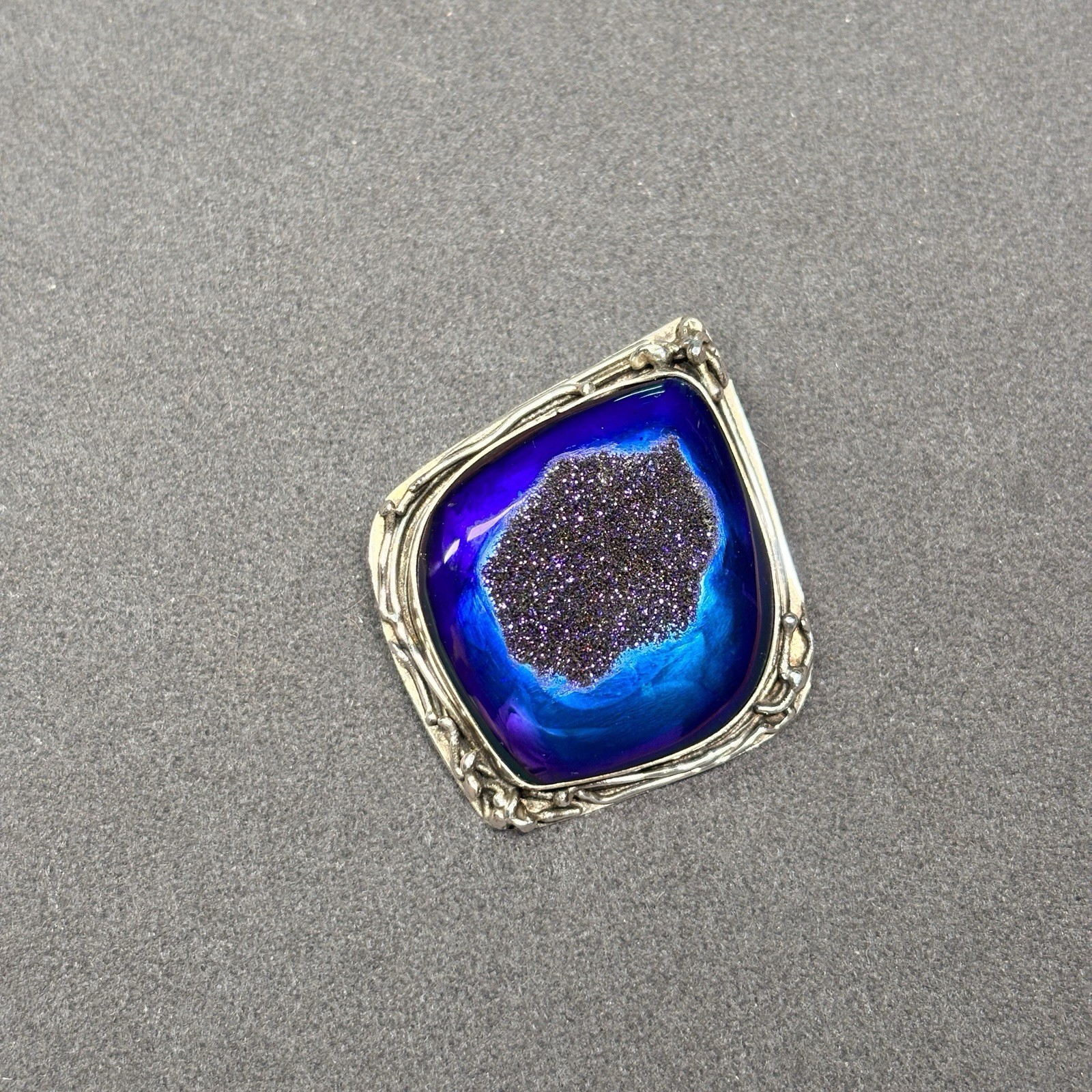 Vintage Sterling Silver Blue Druzy Agate Pendant Studio Artisan