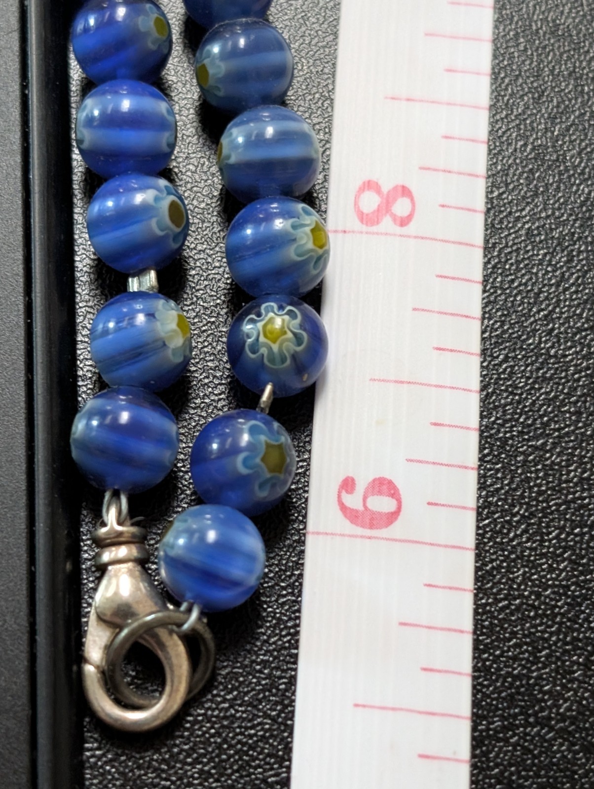 Vintage Cobalt Blue Millefiori Art Glass Flower Bead Bracelet Faceted Rondelle