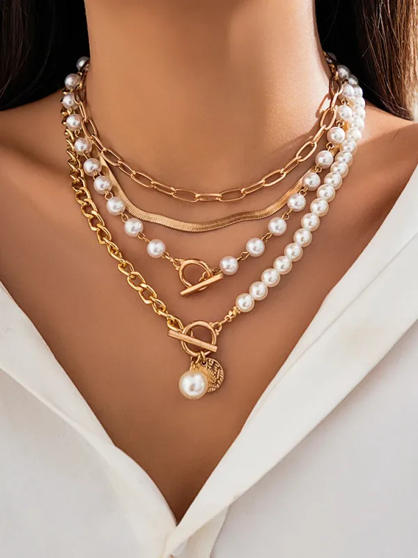 Layered Imitation Pearl and Thick Chains Choker Necklace for Women Tendy Beaded