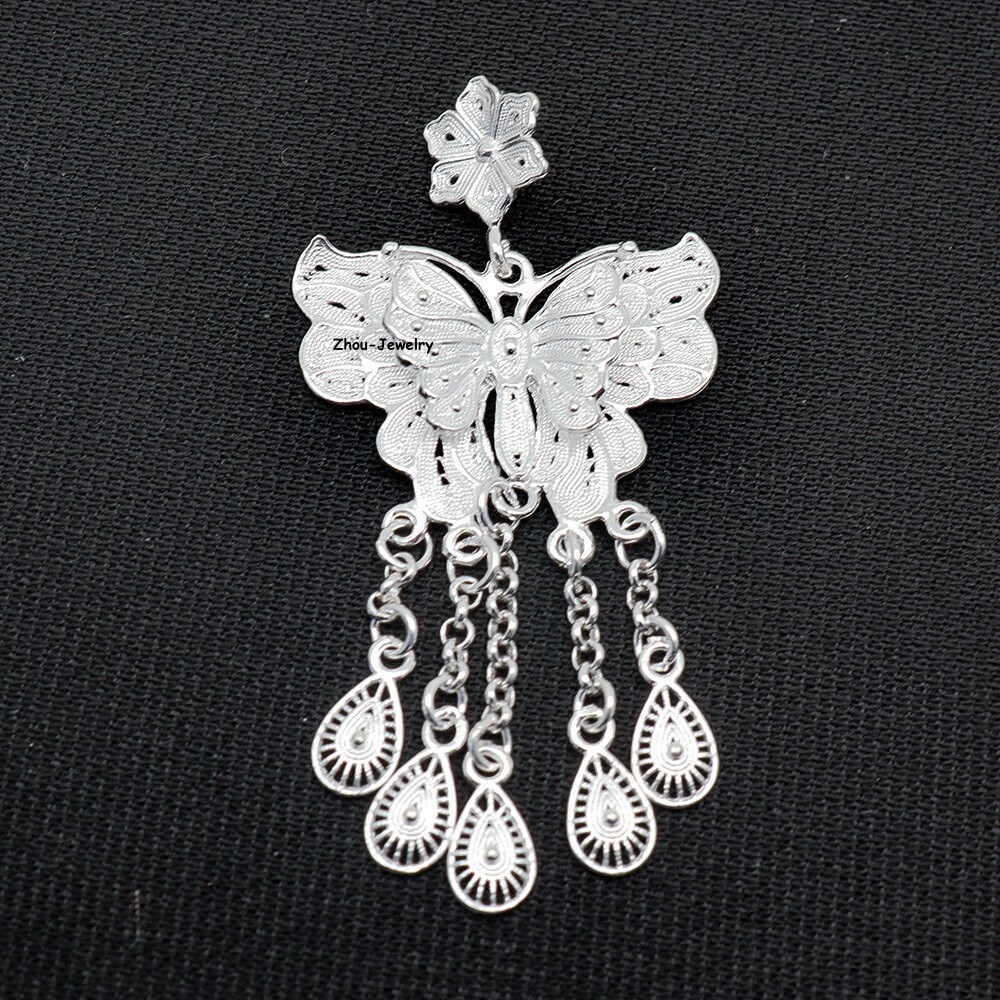 Pure S999 Sterling Silver Pendant Women Butterfly Tassels Pendant 3-4g 51*25mm