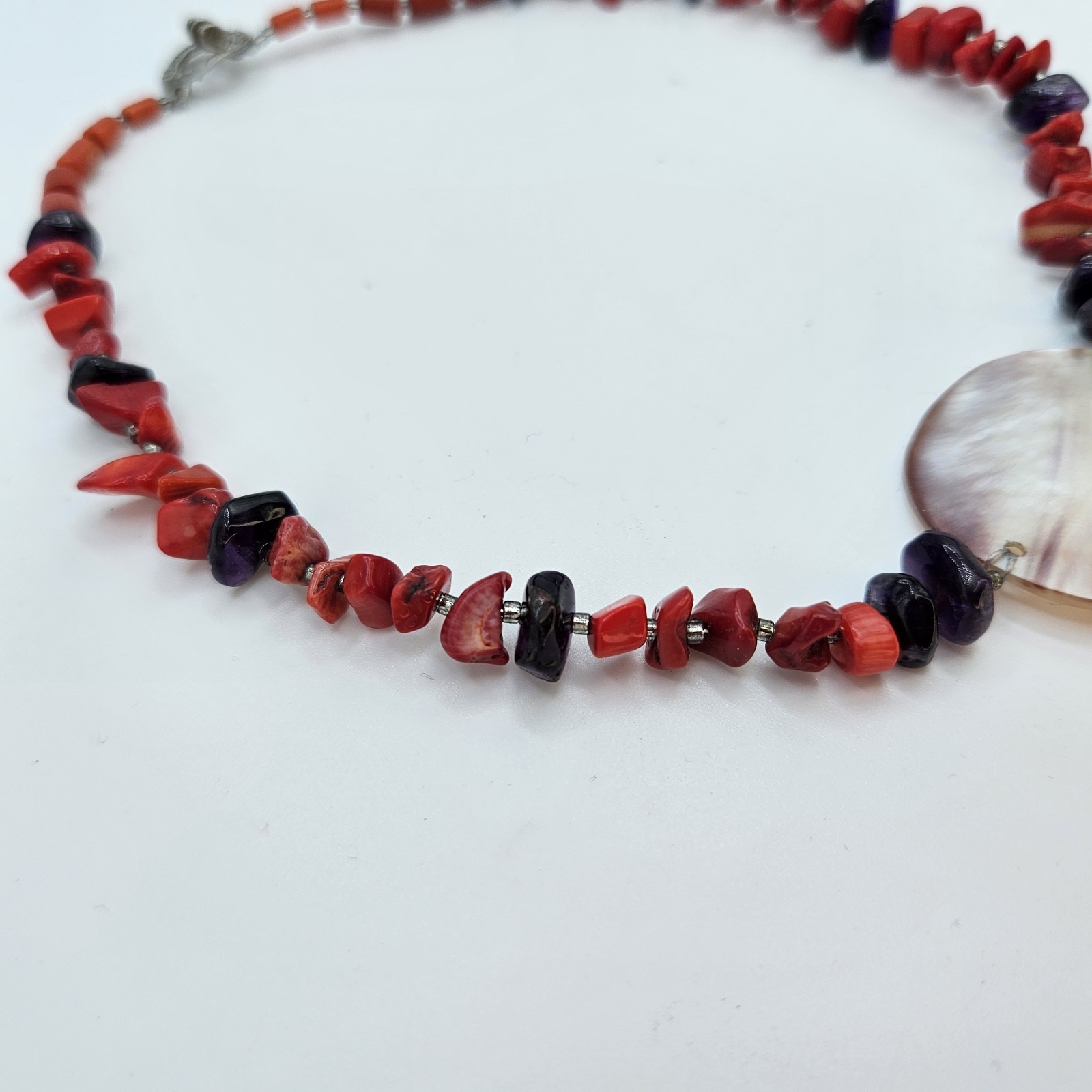 Natural Red Coral Amethyst Bead Necklace Mother of Pearl Shell Pendant Toggle