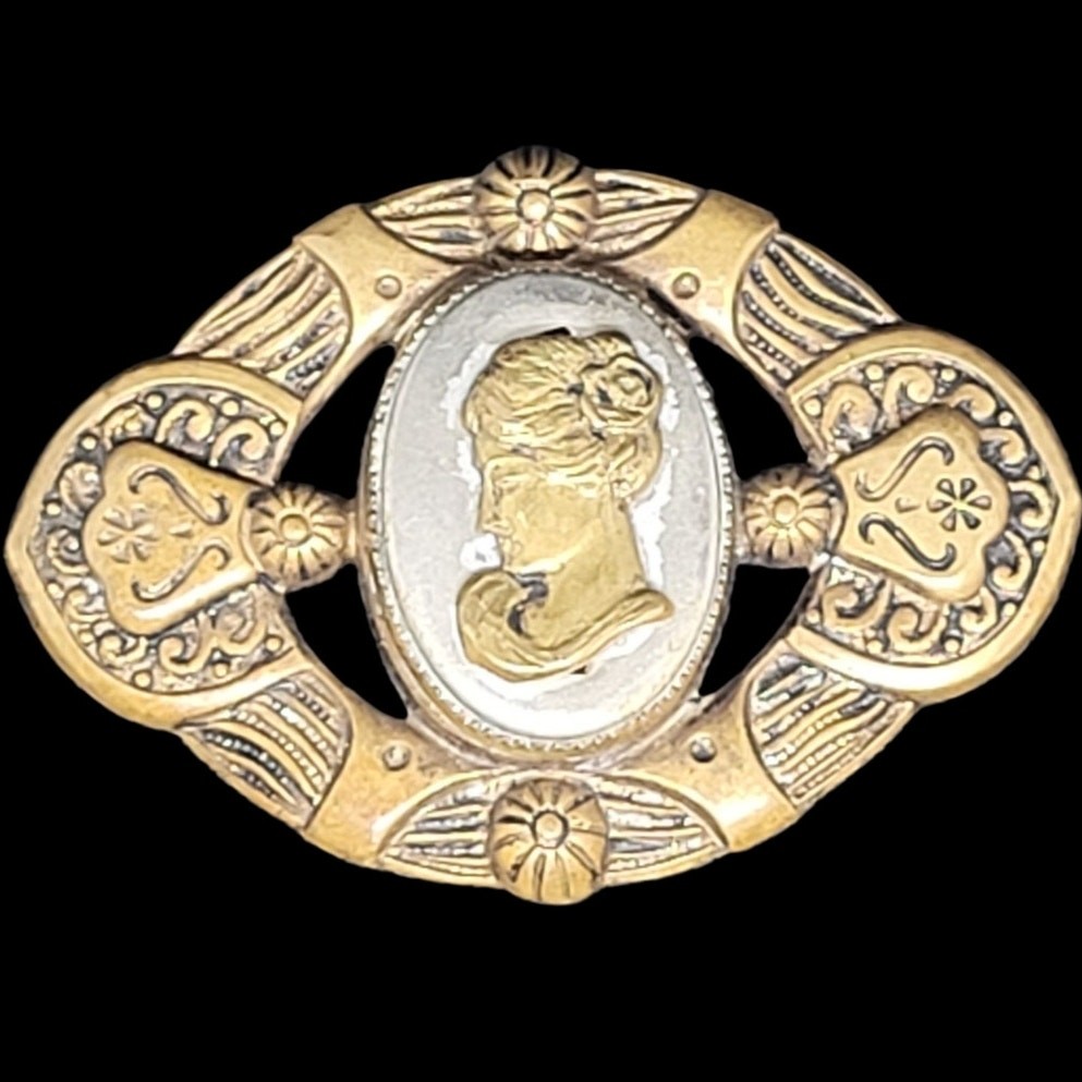 Vintage Gold Tone Oval Cameo Filigree Brooch Art Nouveau Style Statement Jewelry