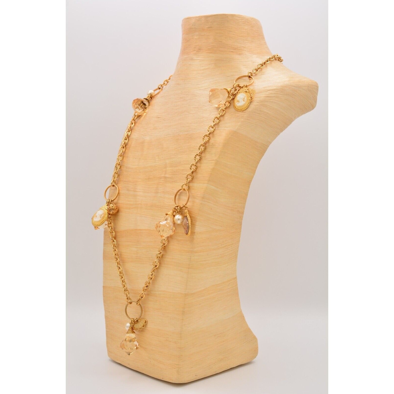 Vintage Station Cameo Necklace Charm Beaded Crystal Gold Chunky 1990s Bin4B