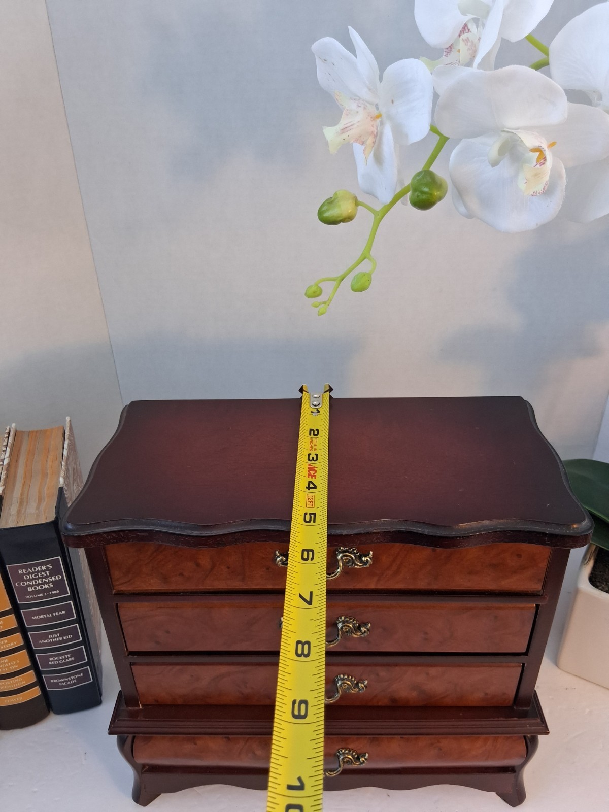 VTG ’90s “Powell” Wood Jewelry Bombe Chest; 4 Drawer Bombe Cabinet Burled Wood
