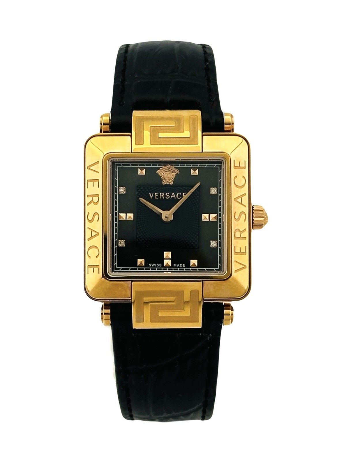 Versace Women’s 88Q80SD008S009 Rêve Carré Diamonds Black Leather Strap Watch 88Q
