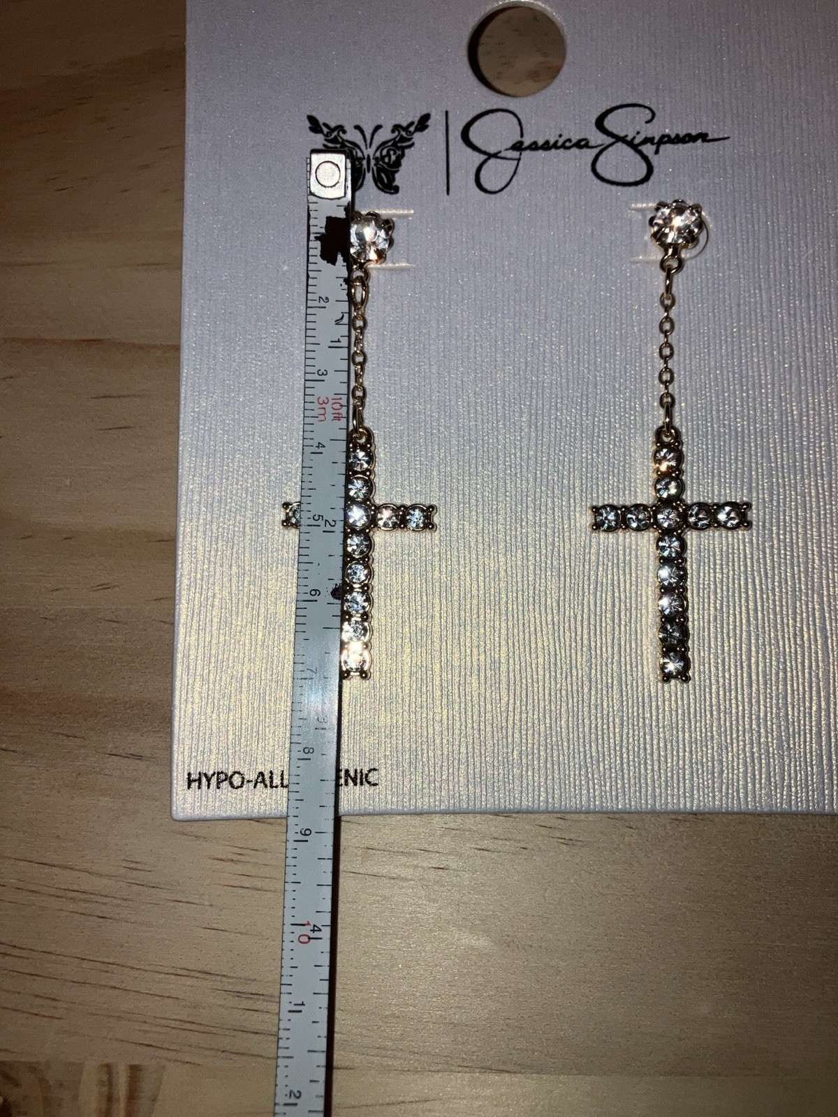 Jessica Simpson Gold Tone Rhinestone Encrusted Drop Cross Pierced Earrings 3”