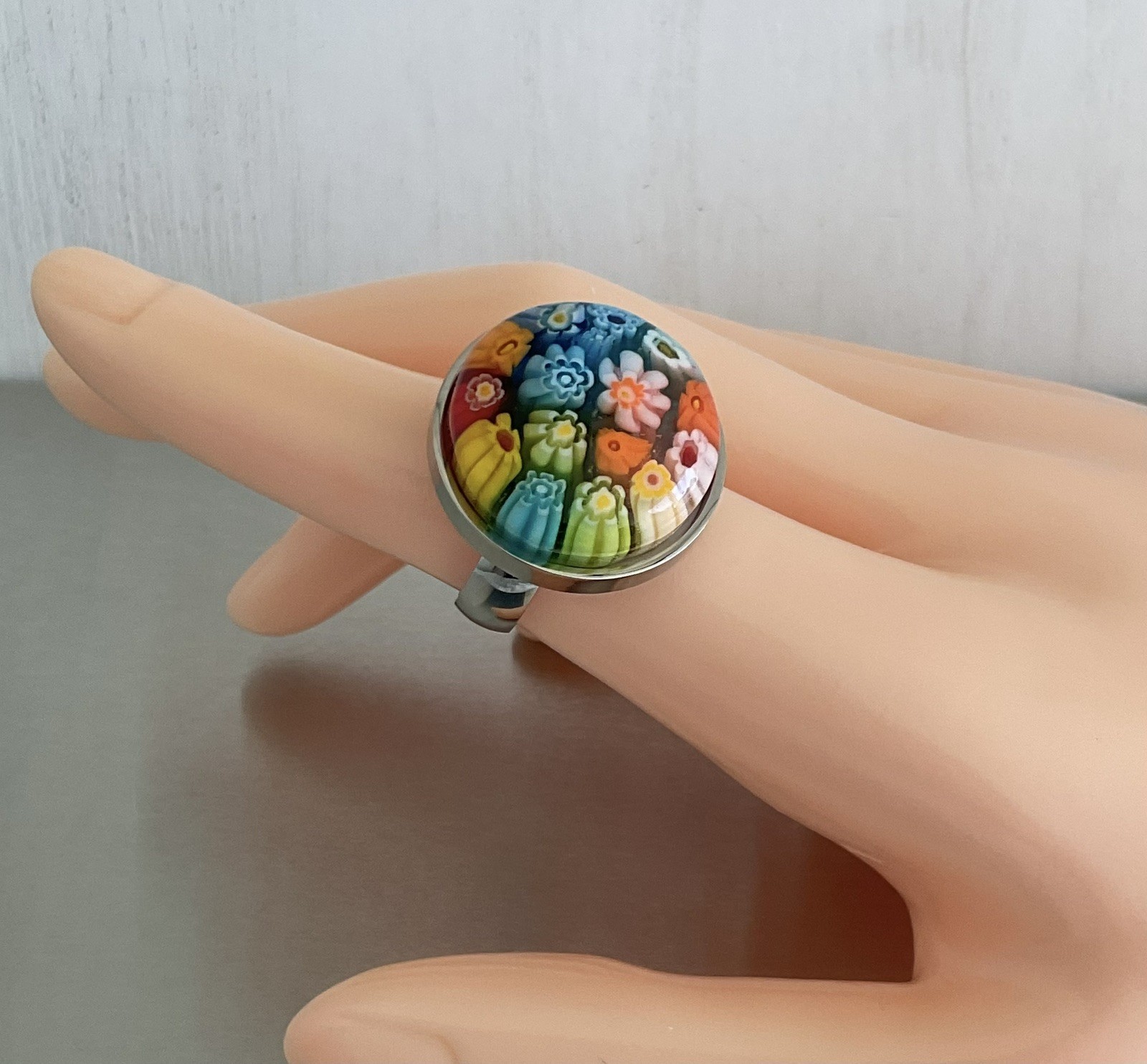 Multi Color Round Murano Millefiori Style Glass Ring Stainless Steel SZ 6, 9, 10