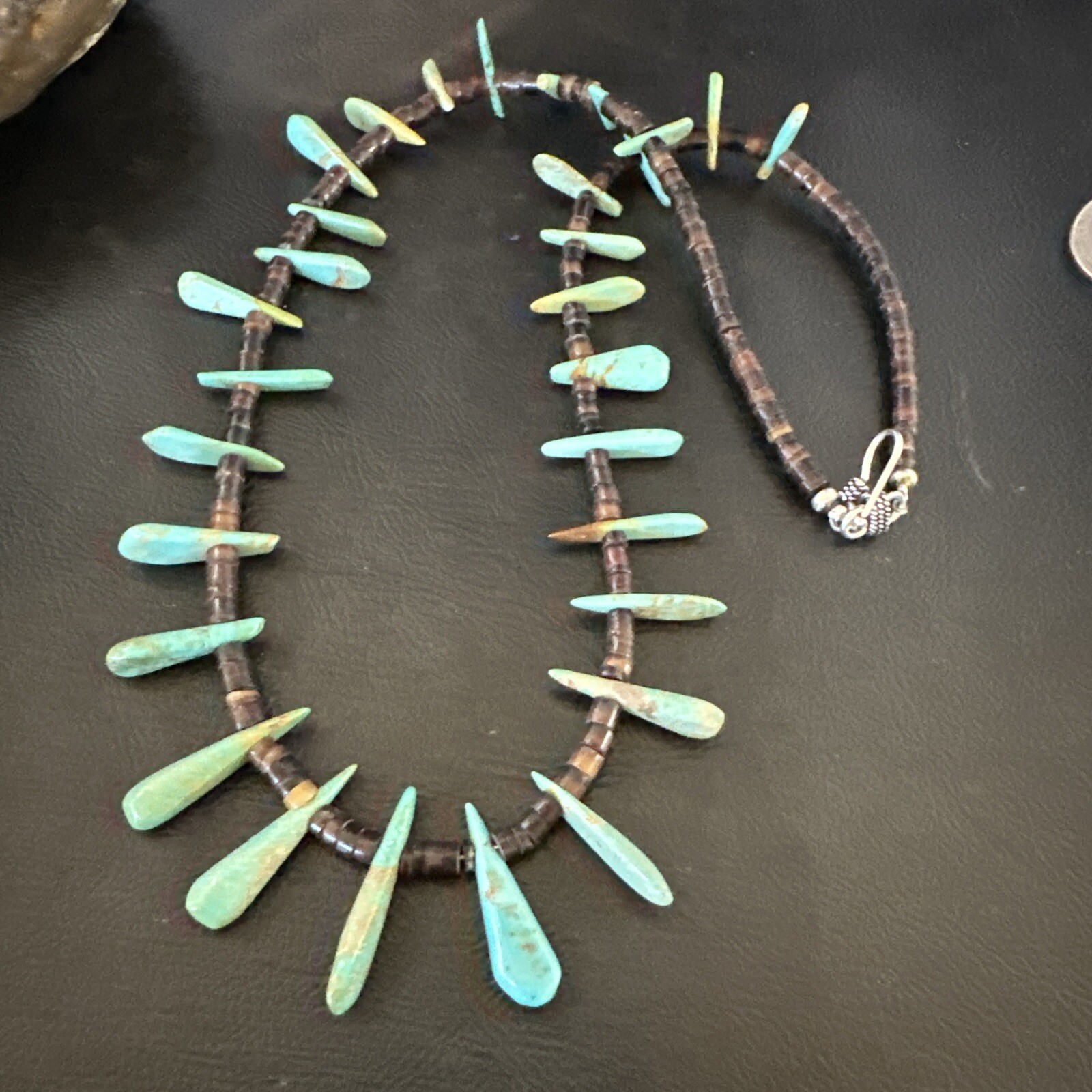Native Green Turquoise Bone Bead Navajo Sterling Silver Necklace 20″ 17636