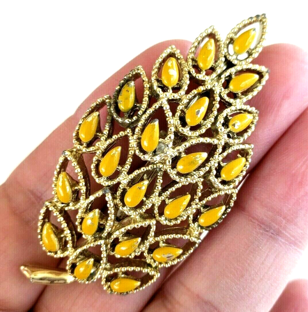 Vintage Gerry’s Yellow Enamel Leaf Gold Tone Pin 2.5″
