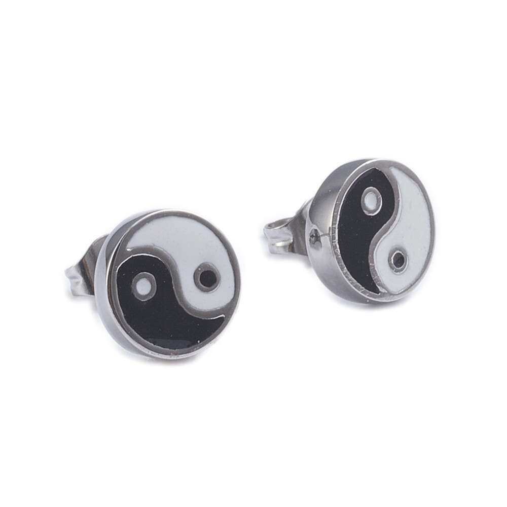 Stud Earrings Finding Silver Plated Round Yin Yang Black 9.7mm, Pin: 0.6mm P316