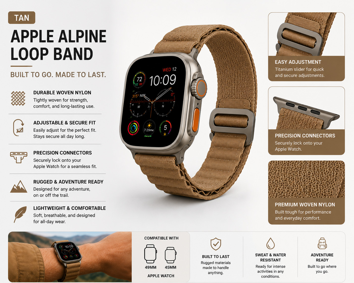 Genuine Apple Watch Band 49mm 45mm Medium Alpine Loop TAN With Titanium Finish
