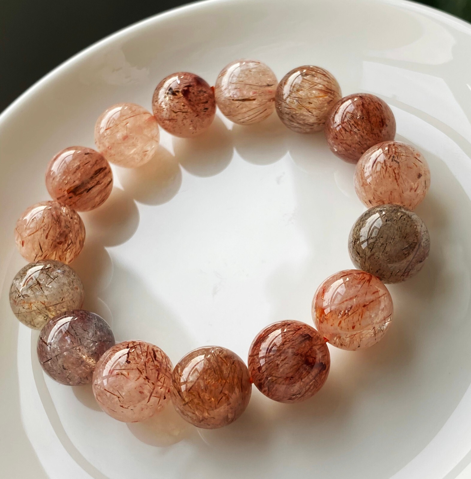 13.4mm Natural Red Gold Rutilated Quartz Crystal Beads Bracelet C758