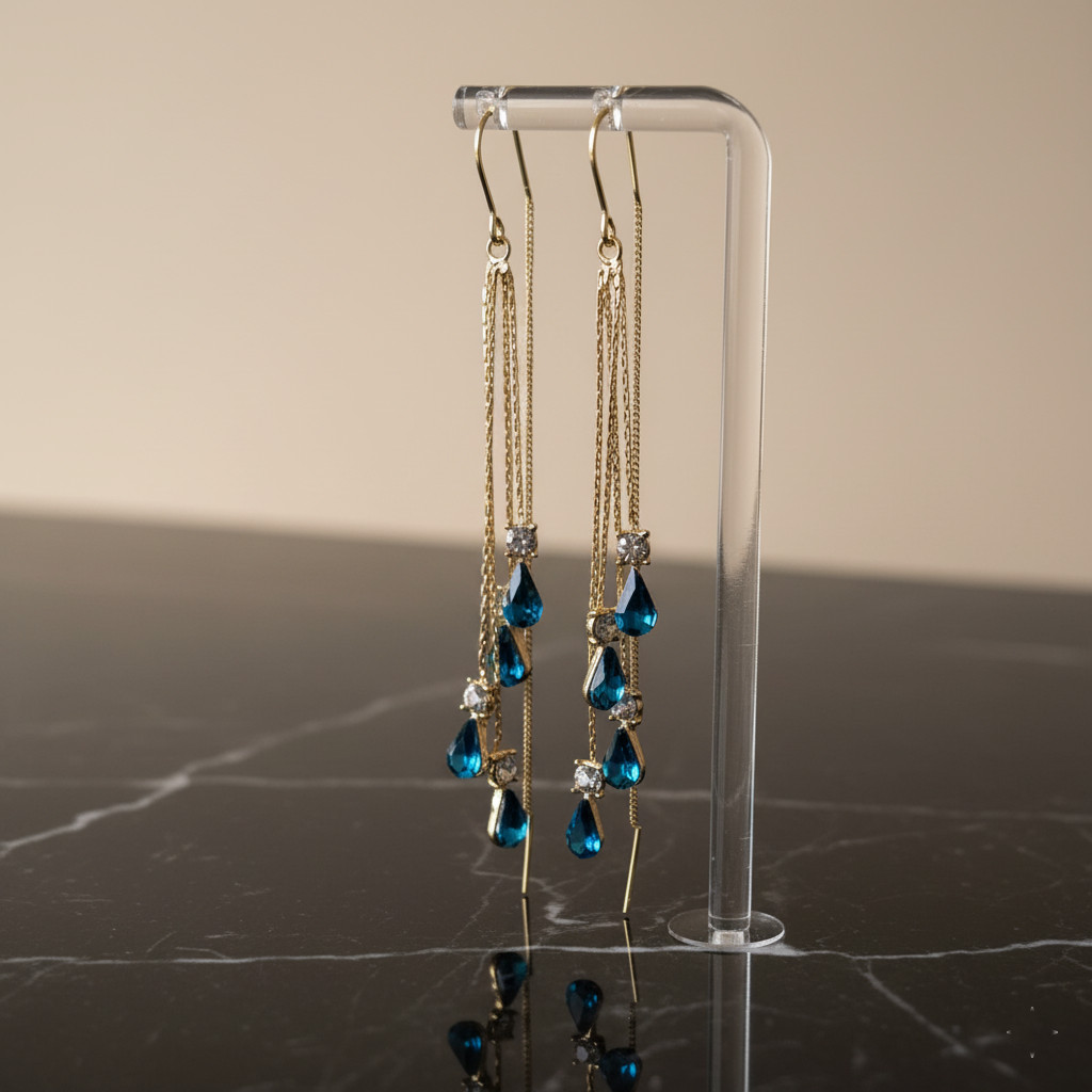 Blue Threader Earrings Long Drop Gold Dangle Crystal Zircon